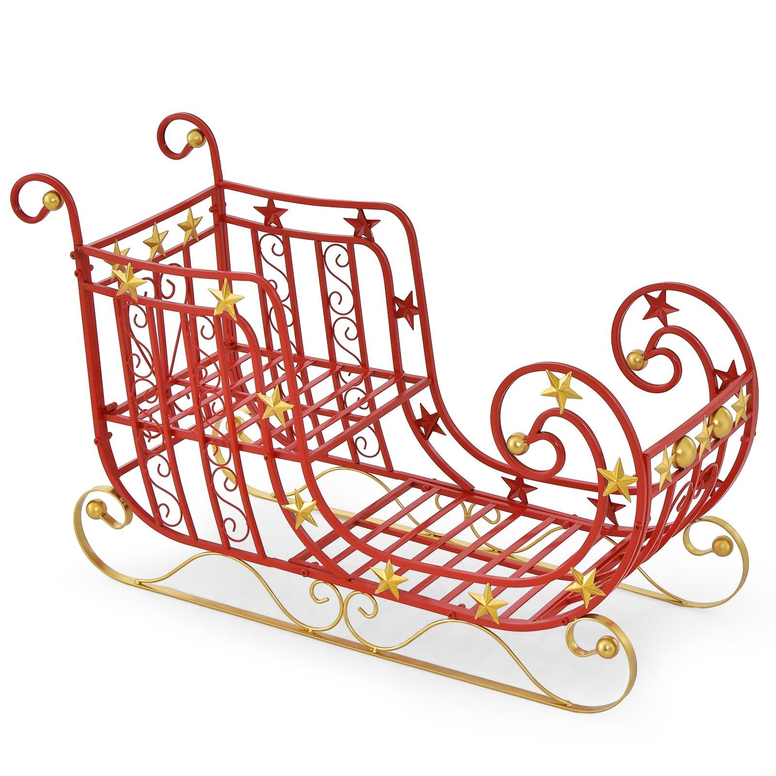 Red Santa Sleigh Metal Christmas Santa Sleigh w/ Large Cargo Area for Gifts