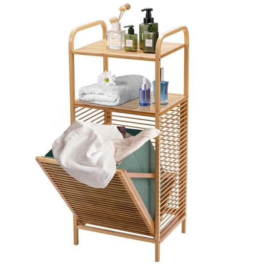 Costway Bamboo Bathroom Shelf Tilt-out Laundry Hamper Storage Organiser w/Laundry Basket 1