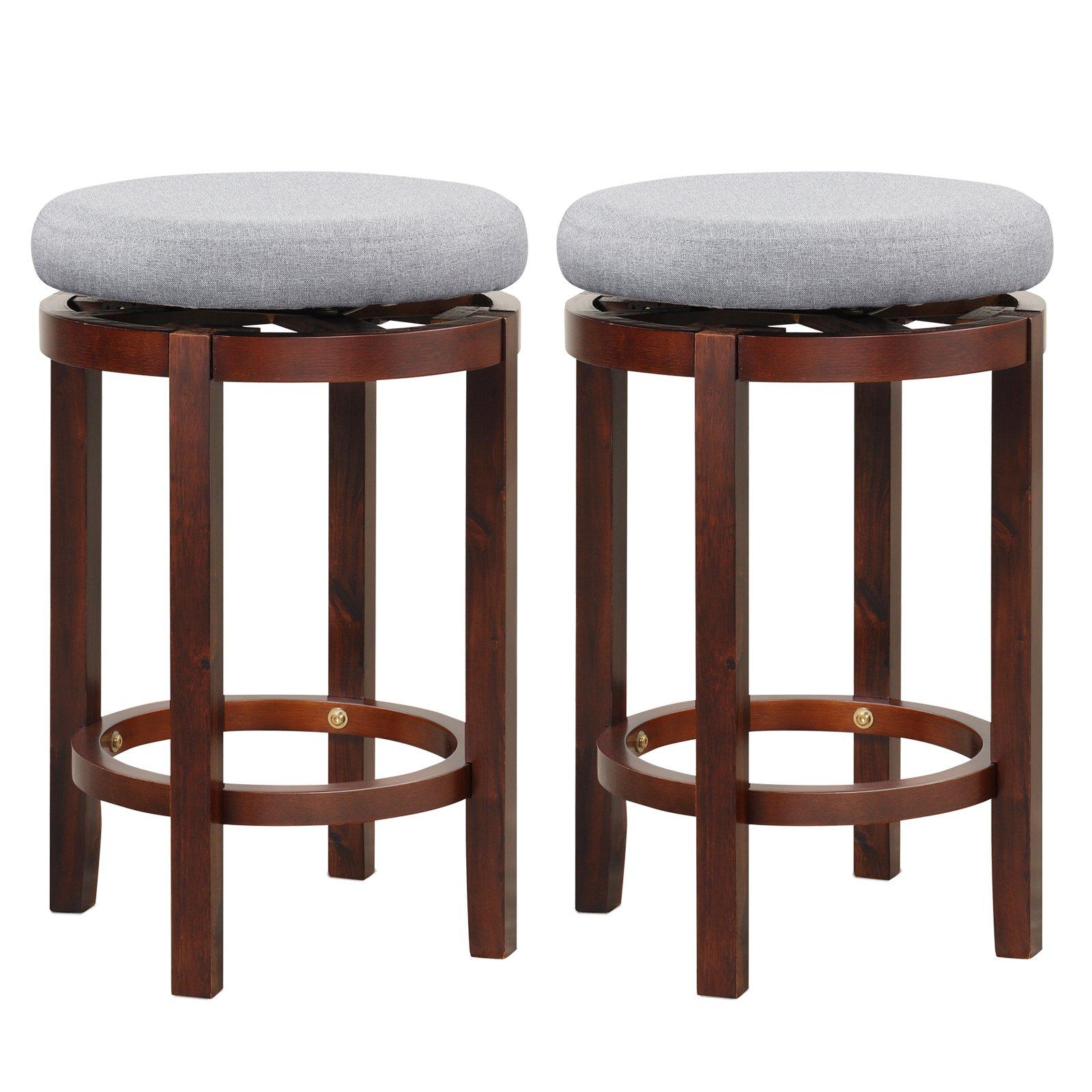 Set of 2 Bar Stools Wooden Counter Height Chair 360deg Swivel Kitchen Padded Seat