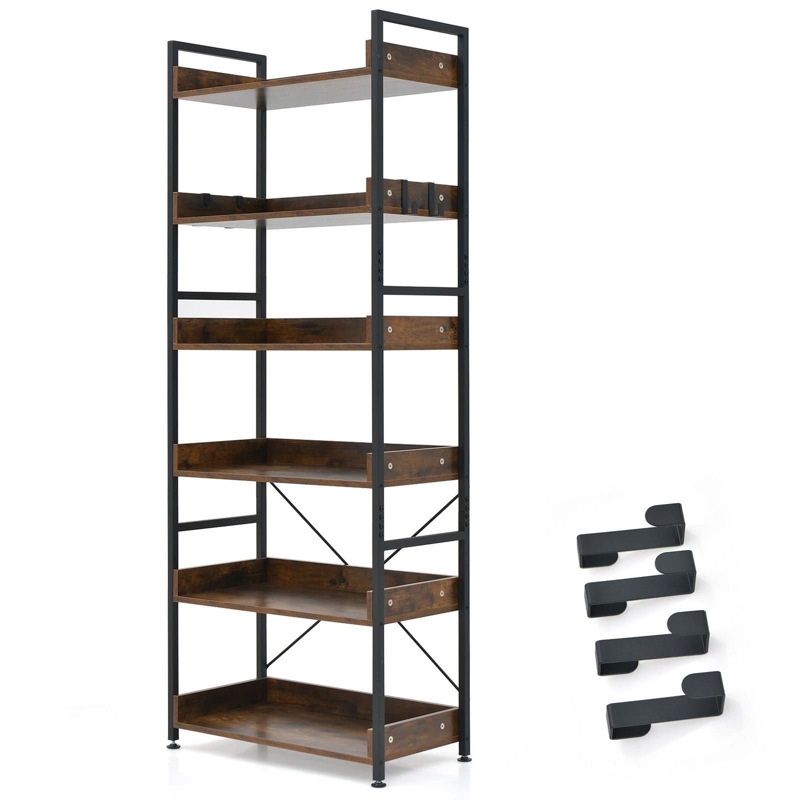 6-Tier Bookshelf 177cm Tall Industrial Bookcase w/ 4 Hooks Corner Storage Rack