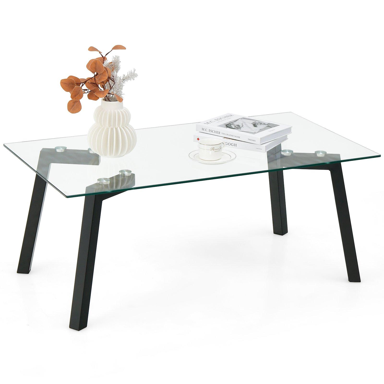 Tempered Glass Coffee Table Rectangular Cocktail Snack Tea Table with Metal Leg