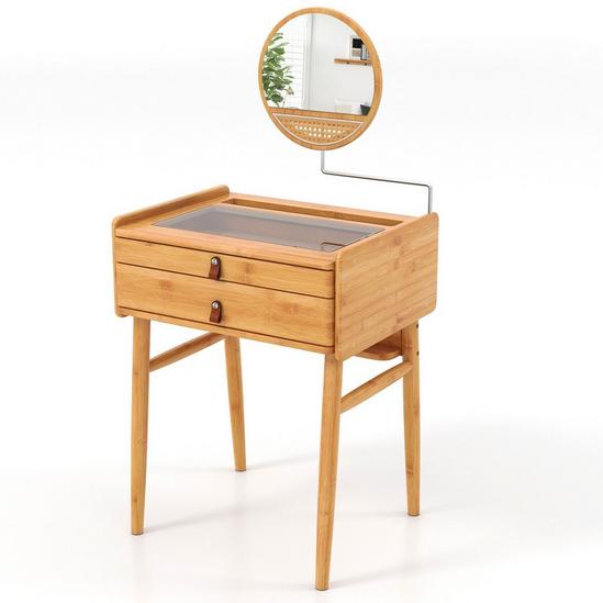 Costway Vanity Dressing Table Bamboo Mirror Makeup Dresser Table w/ 2 Storage Drawers 1