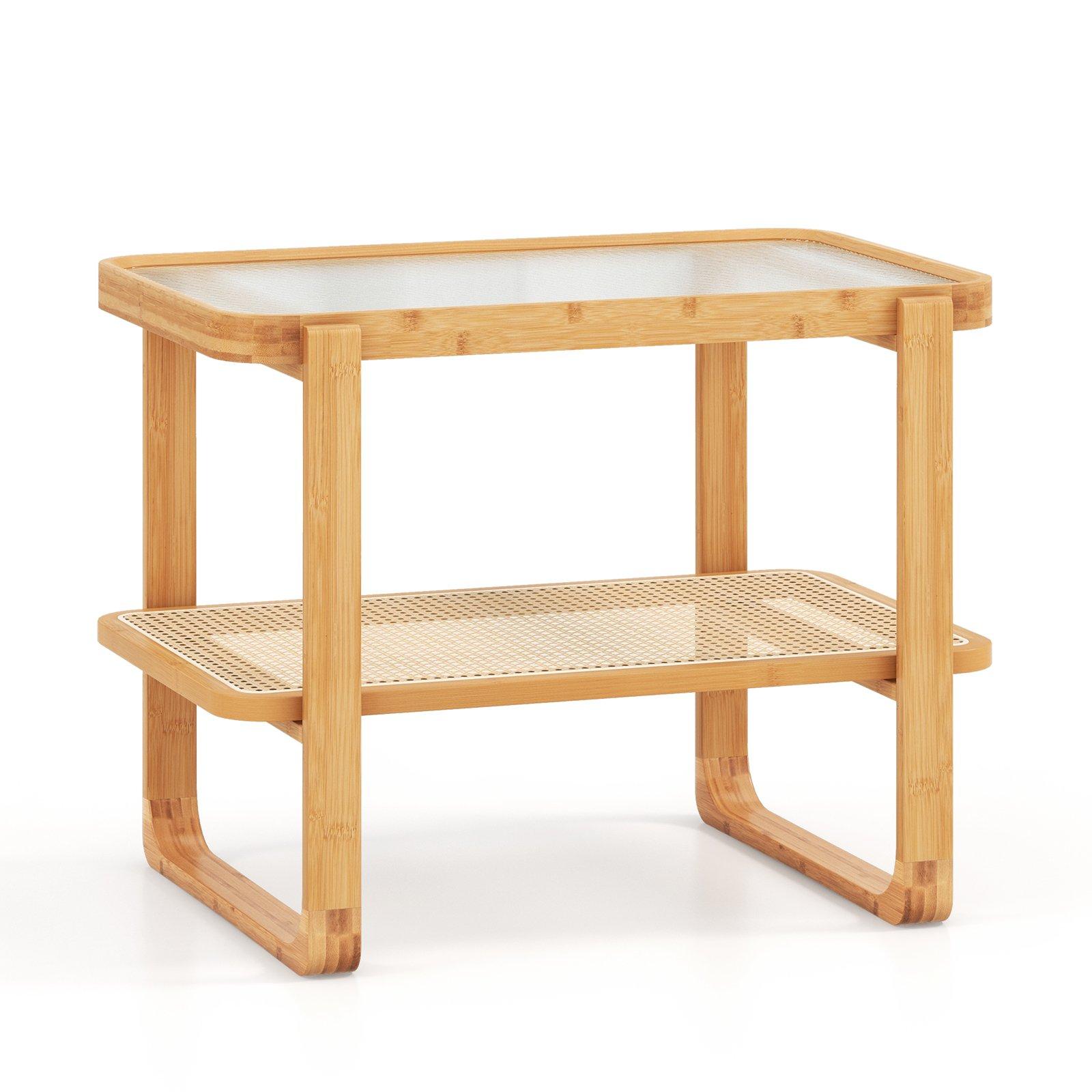 Bamboo Side Table w/ Rattan Shelf 2-tier Glass Top End Table, Home Rectangular Sofa Side Accent Tabl