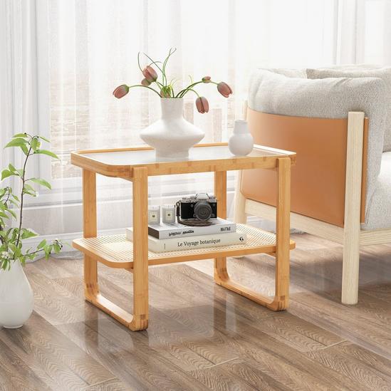 Costway Bamboo Side Table w/ Rattan Shelf 2-tier Glass Top End Table, Home Rectangular Sofa Side Accent Table 3