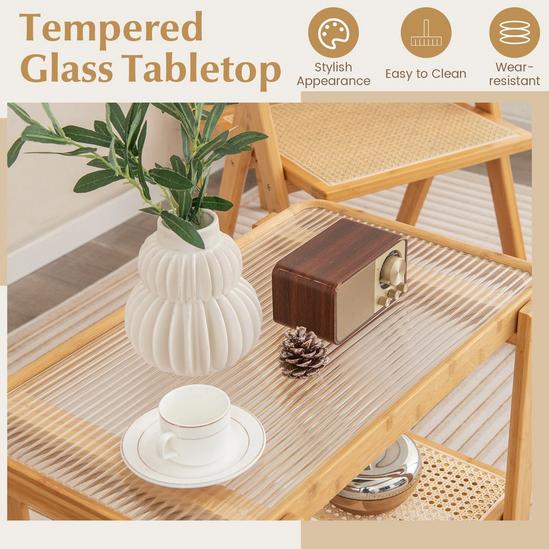 Costway Bamboo Side Table w/ Rattan Shelf 2-tier Glass Top End Table, Home Rectangular Sofa Side Accent Table 6