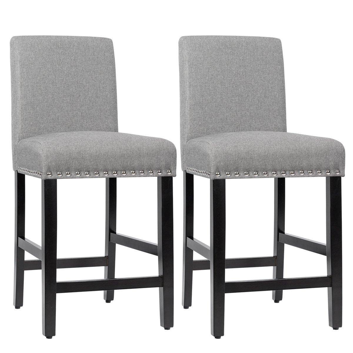 Set of 2 Bar Stools Counter Height Chair Upholstered W/ Low Backrest & Wide Seat