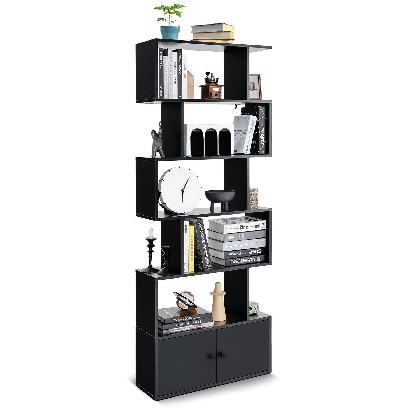 5-tier S-Shaped Bookcase Industrial Display Rack with Cabinet Wooden Bookshelf