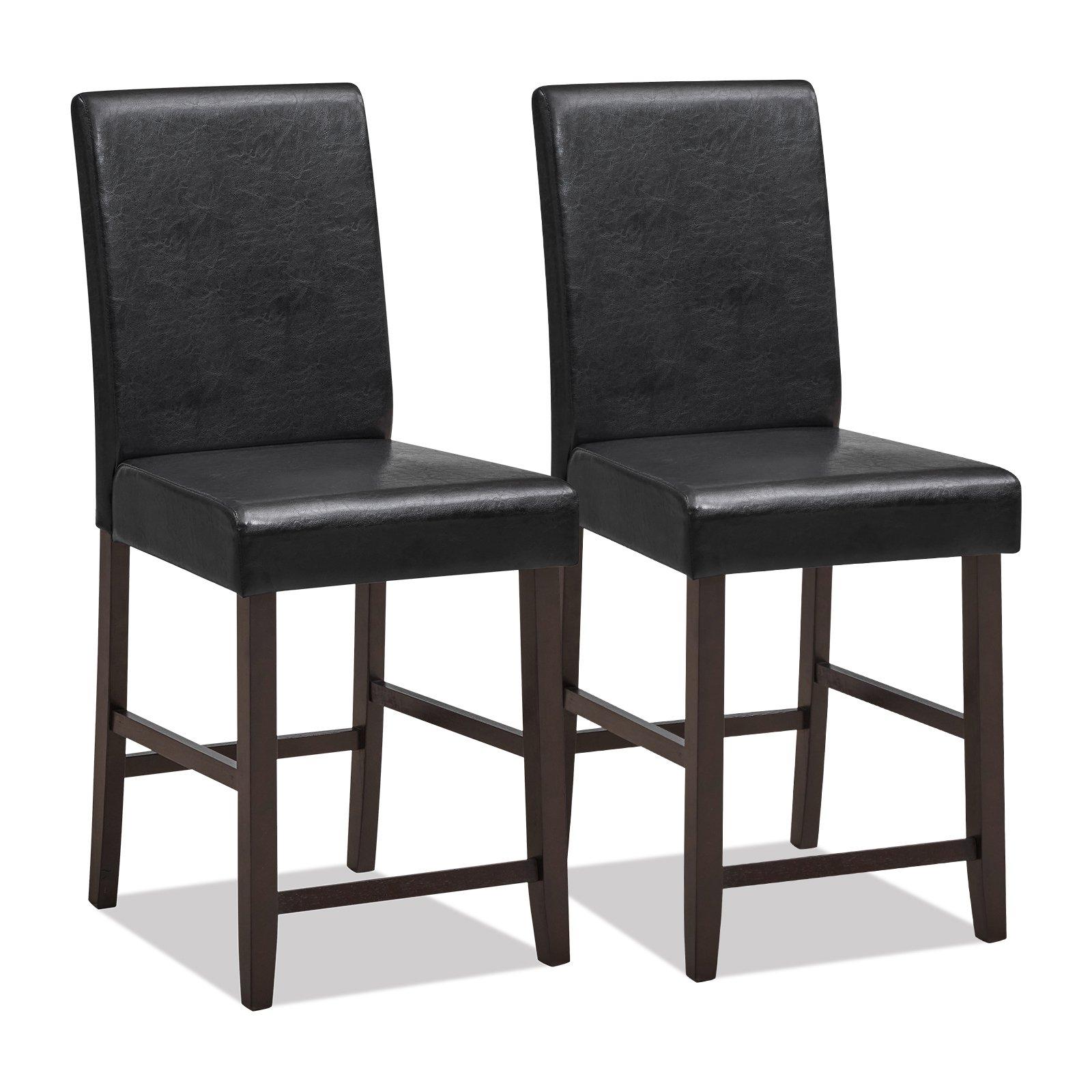 61cm Bar Stool Set of 2 PU Upholstered Counter Bar Chairs with Solid Rubber Wood Legs & Ergonomic Ba