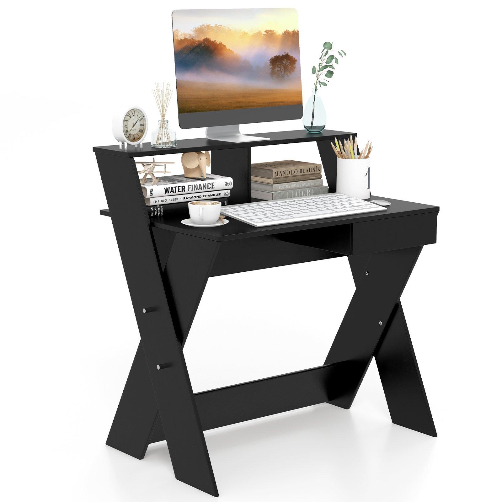 Wooden Computer Desk Home Office Writing Desk with Monitor Stand Riser X-shaped Black