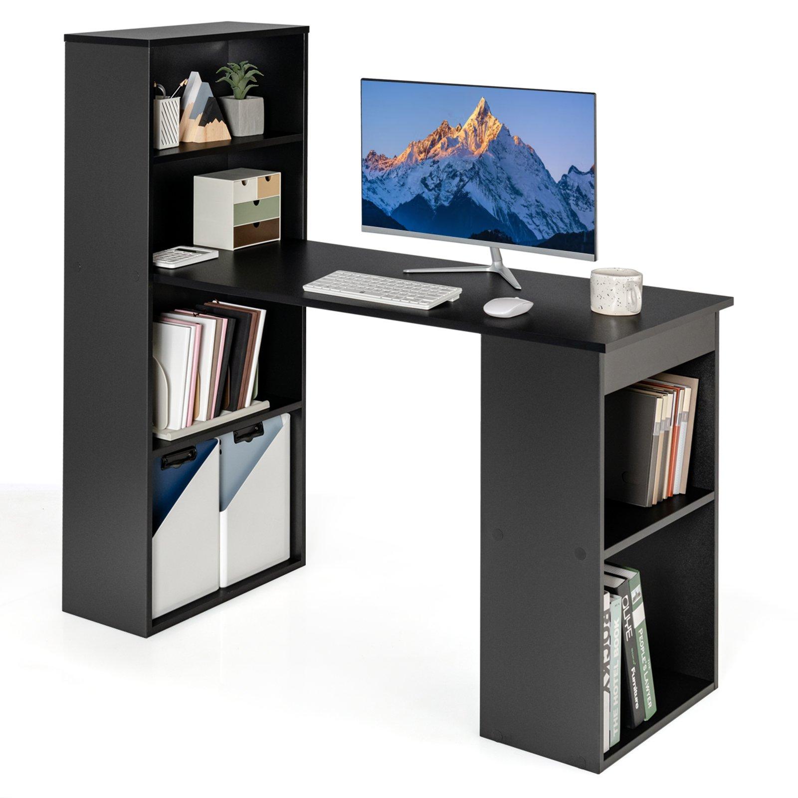 Desk Wooden PC Laptop Table Writing Workstation 6-Tier Storage Shelves