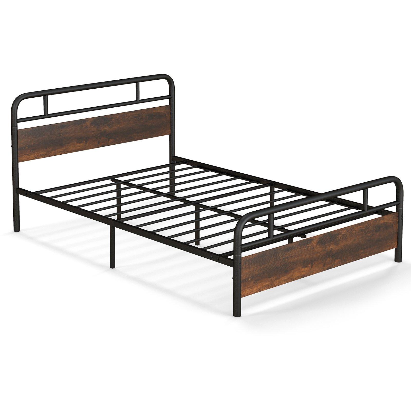 Double Size Bed Frame Platform Metal Slats Support Bed W/ Industrial Headboard