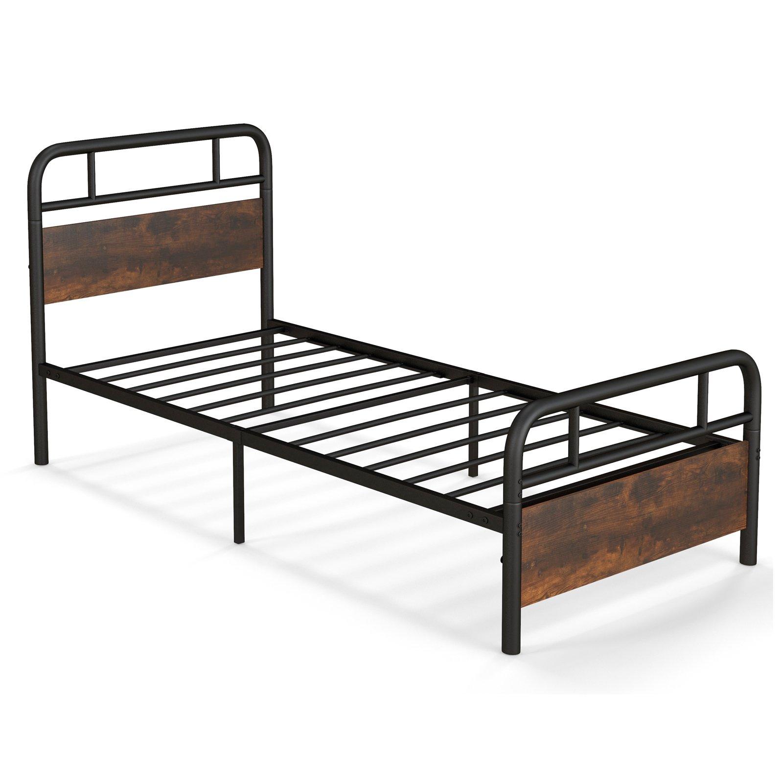 Single Size Bed Frame Platform Metal Slats Support Bed W/ Industrial Headboard