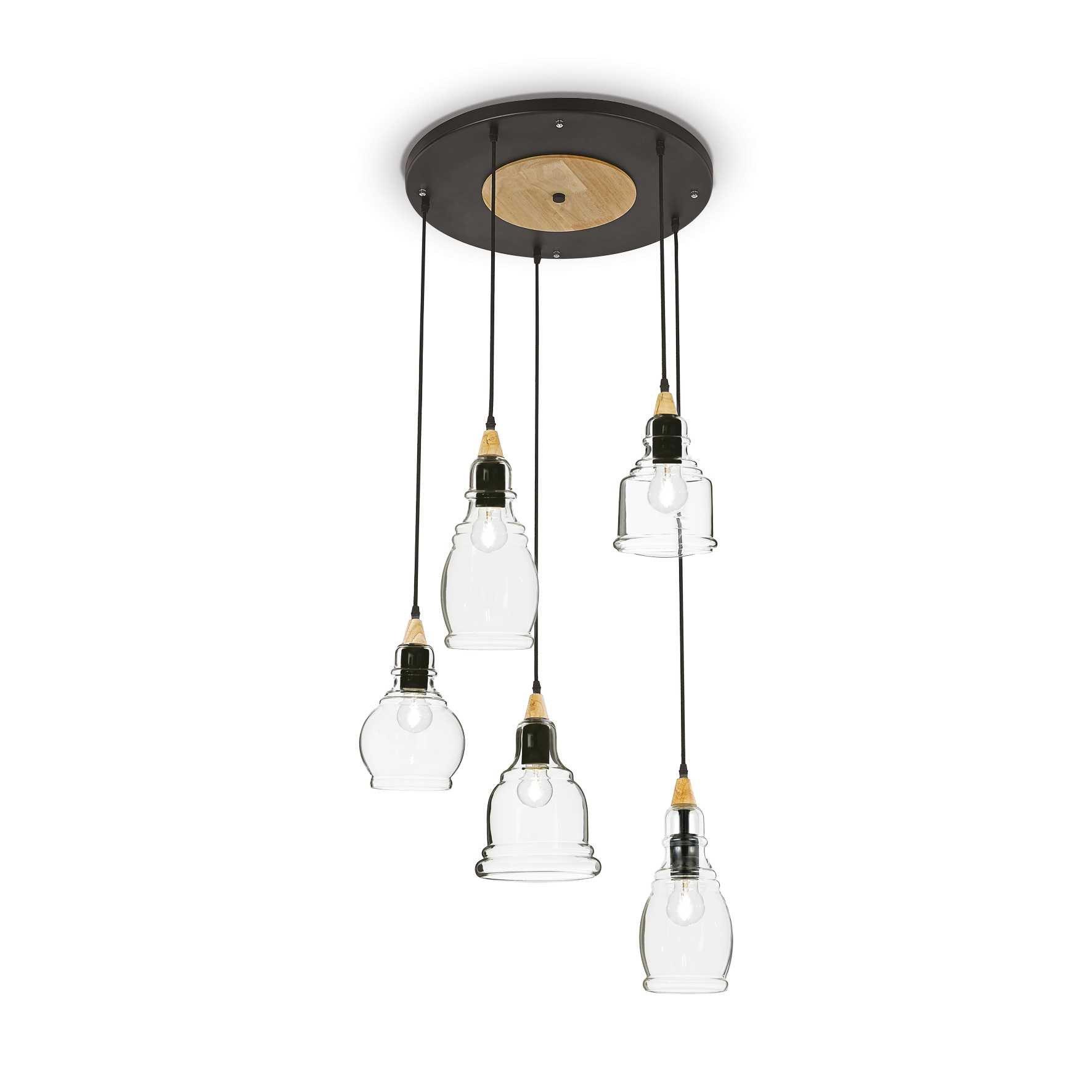 Gretel 5 Light Cluster Pendant Black with Clear Glass Shades E27