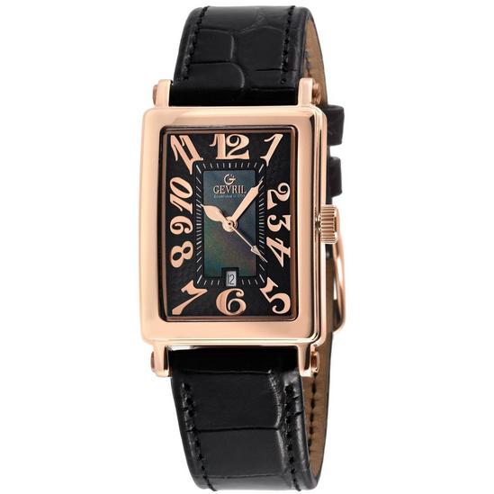 Gevril Ave of Americas Mini Rose Stainless Steel Case, Black MOP Dial , Genuine Black Leather Strap. Swiss Quartz  Watch 1