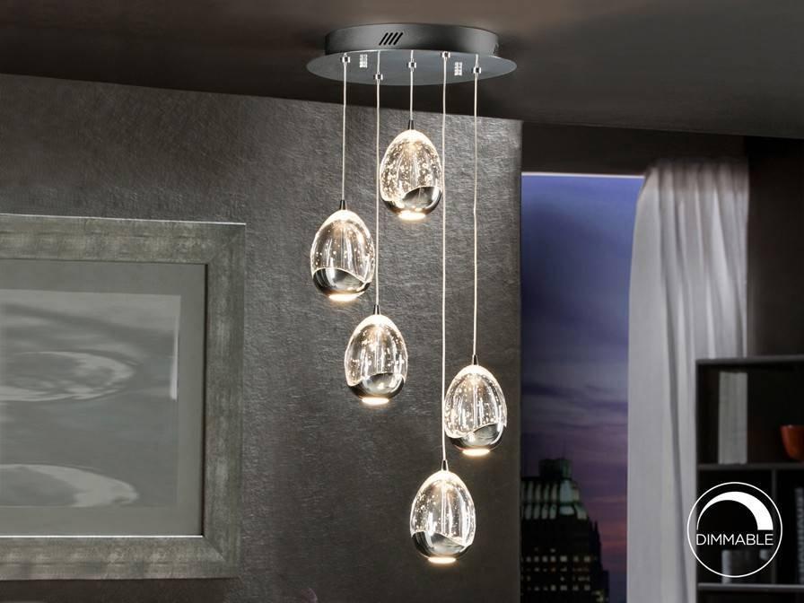 Roc Integrated LED 5 Light Crystal Cluster Drop Ceiling Pendant Chrome