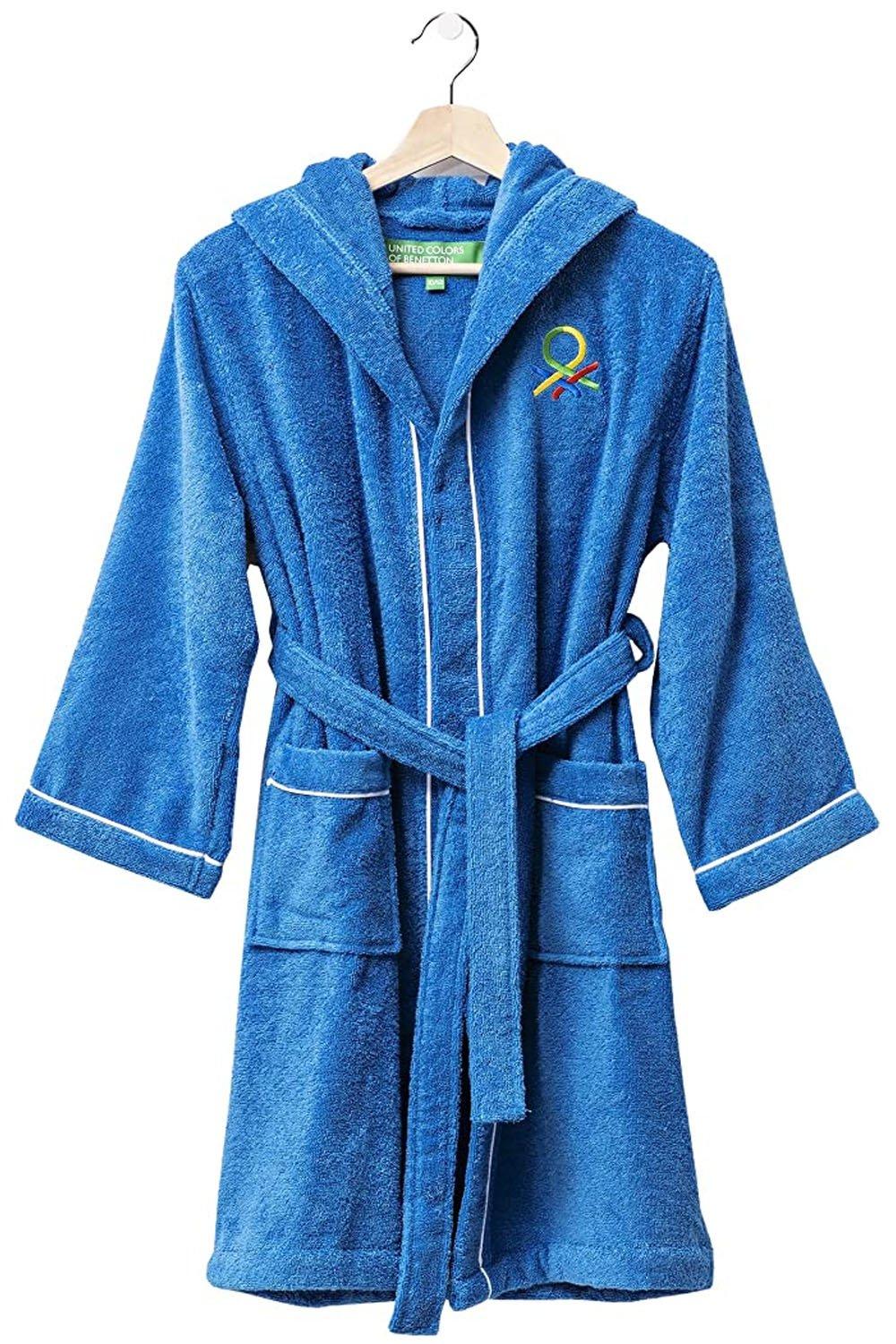 United Colors 100% Cotton Kids Bathrobe with Hoodie 7-9 Years Old Blue