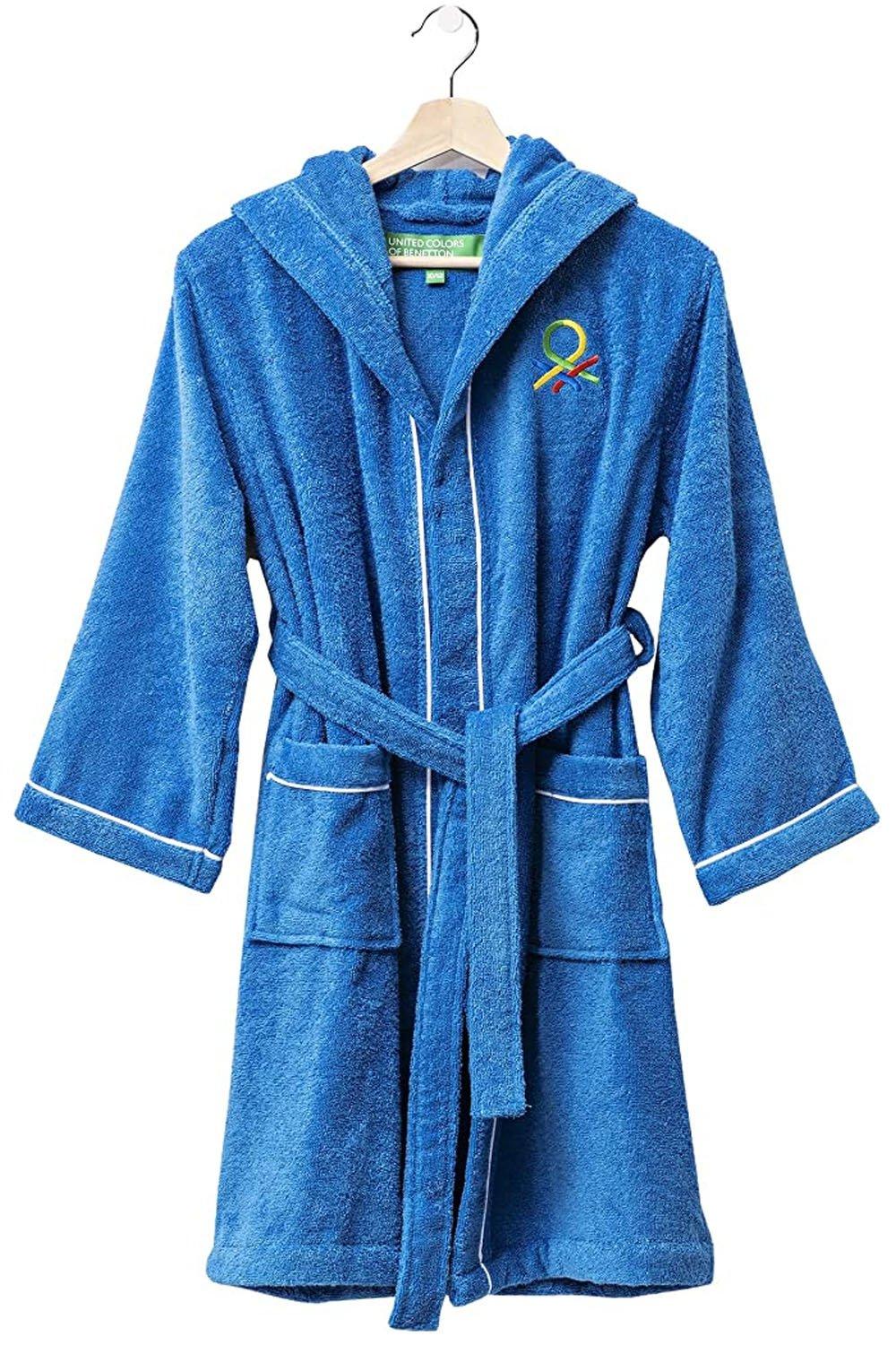 United Colors 100% Cotton Kids Bathrobe with Hoodie 10-12 Years Old Blue