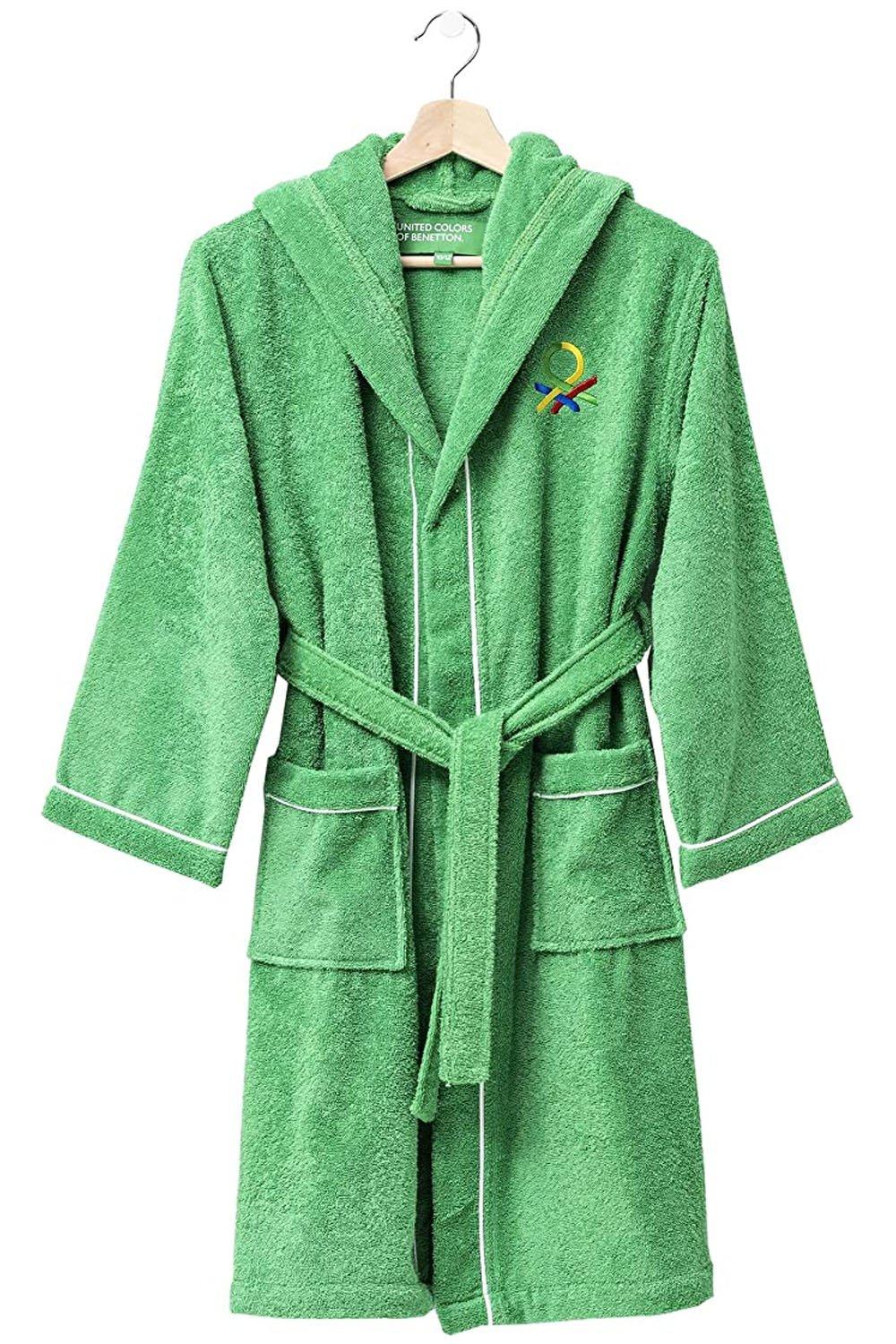 United Colors 100% Cotton Kids Bathrobe with Hoodie 10-12 Years Old Green