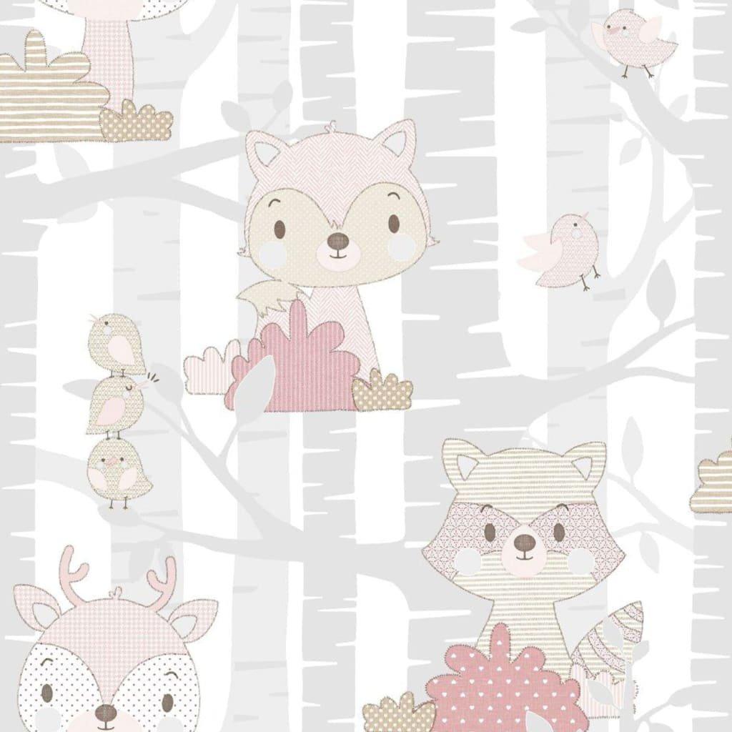 Noordwand Wallpaper Mondo baby Forest Animals Grey and Pink