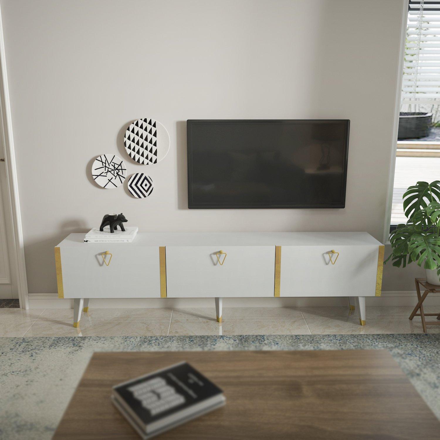 Milagro TV Stand TV Unit with Three Drop-Down Cabinets - Silver