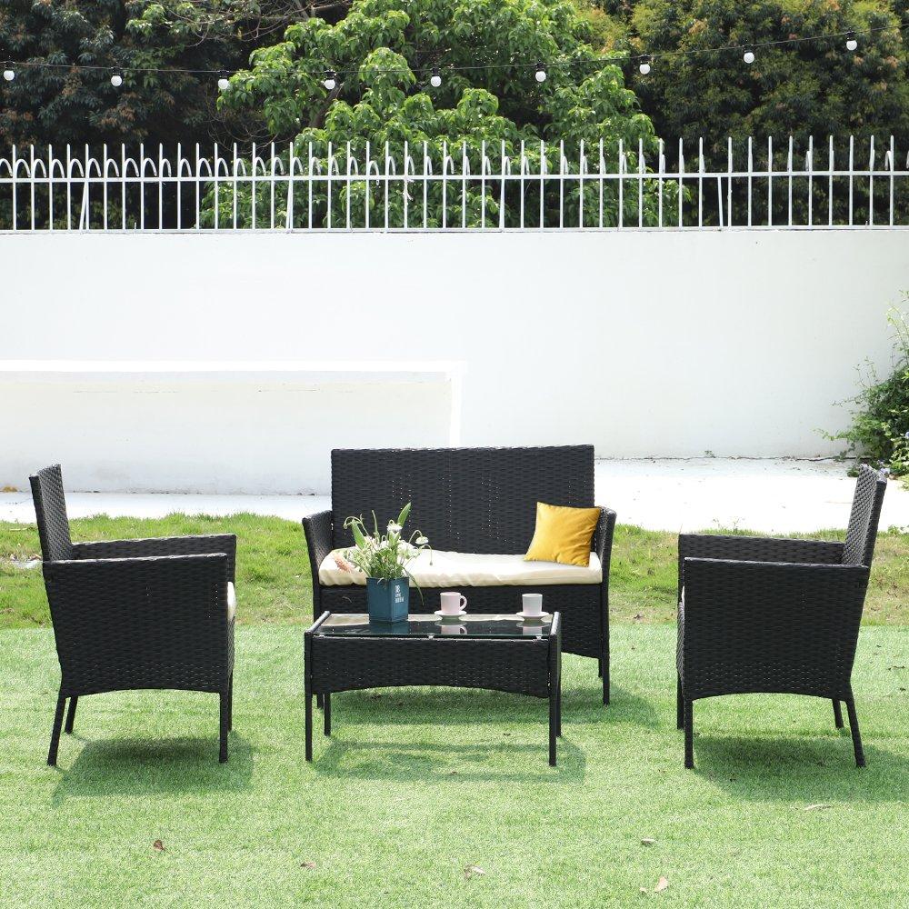4 Seater Rattan Garden Furniture Set with 2 Single Chairs, 1 Double Sofa and 1 Table