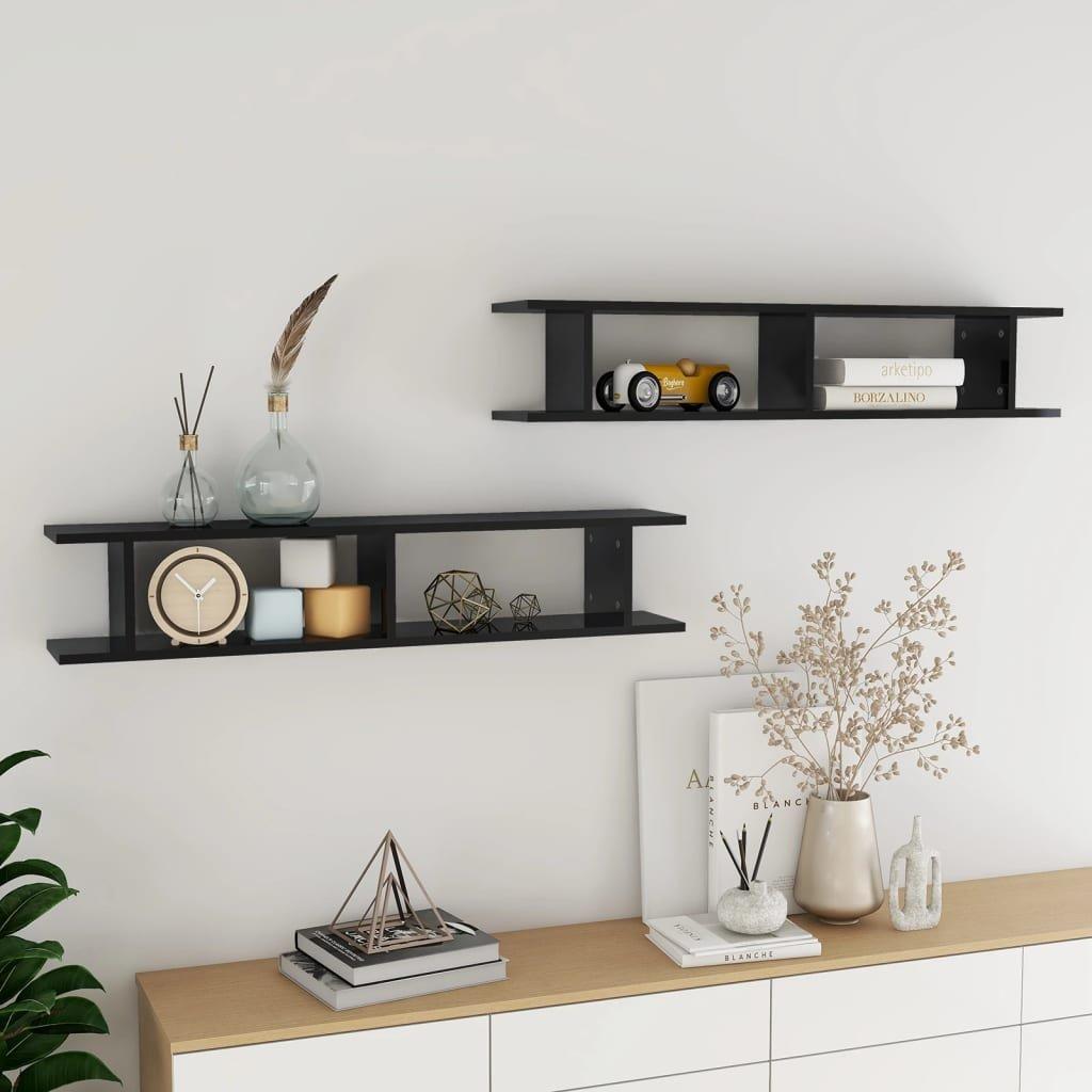 Wall Shelf 2pcs High Gloss Black 105x18x20cm Engineered Wood