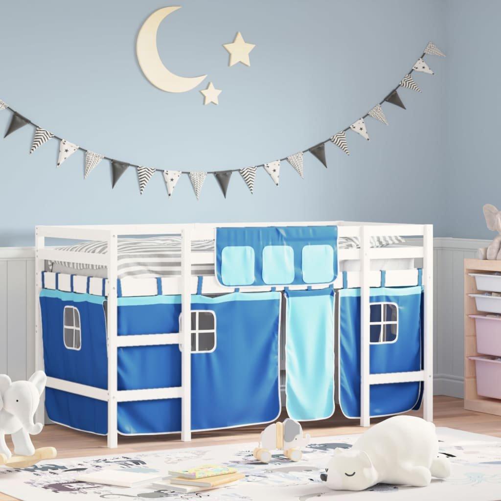 Kids' Loft Bed with Curtains Blue 90x200cm Solid Wood Pine