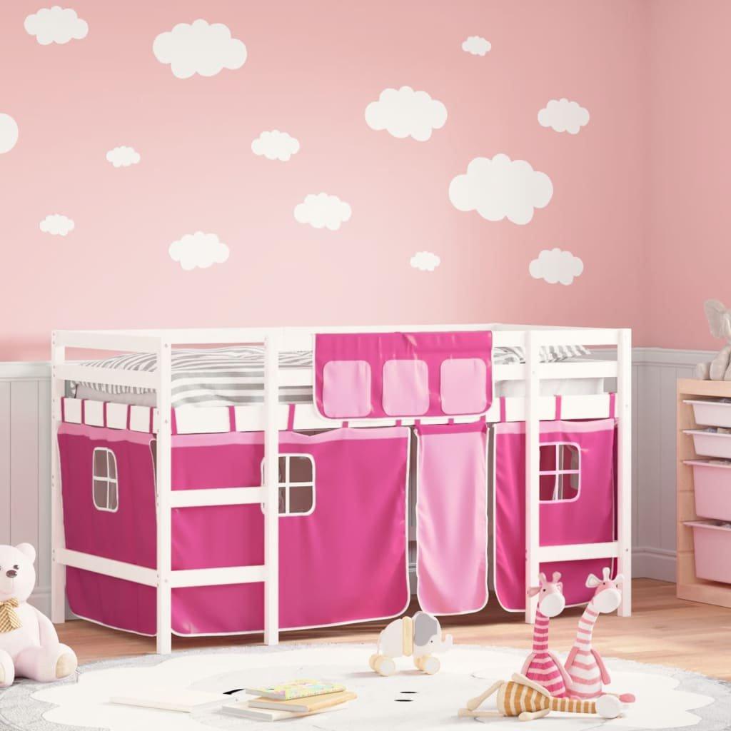 Kids' Loft Bed with Curtains Pink 90x190cm Solid Wood Pine