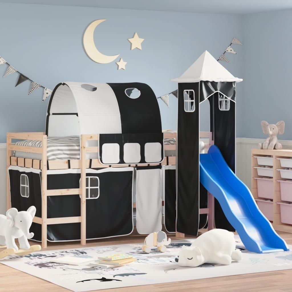 Kids' Loft Bed with Tower White&Black 90x200cm Solid Wood Pine