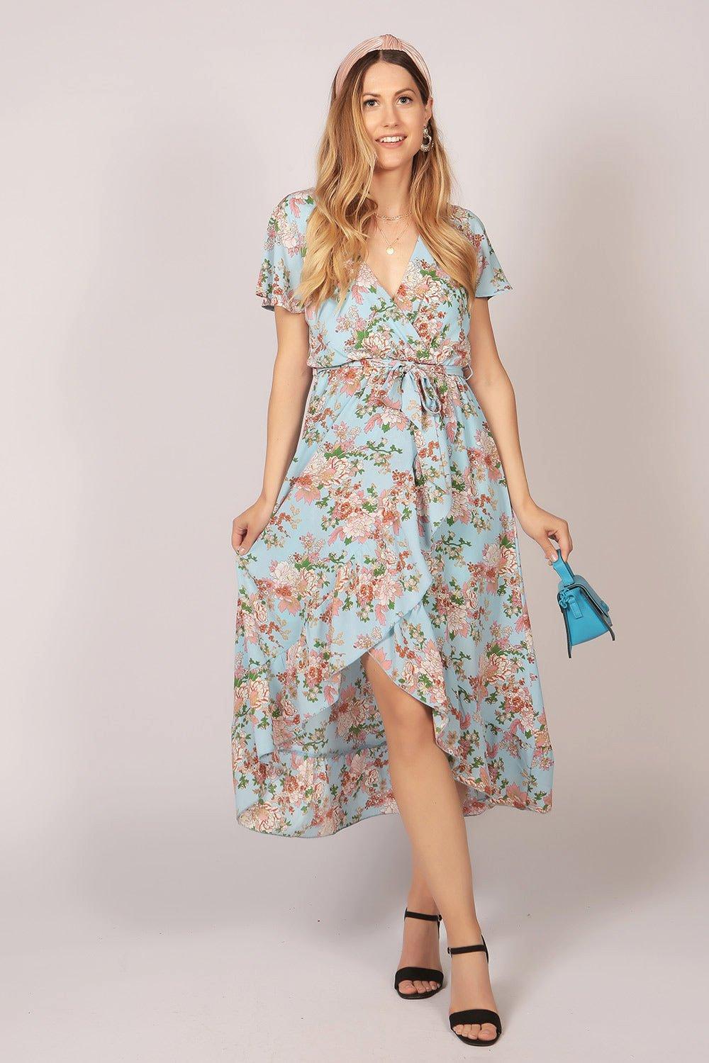 Ruffle Sleeve Floral Wrap Maxi Dress