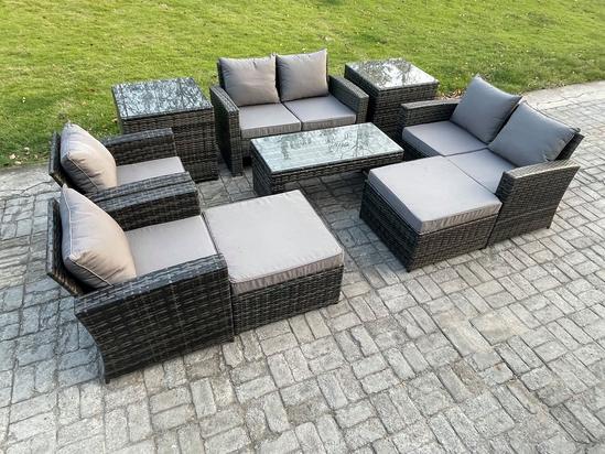 Fimous 8 Seater Outdoor Rattan Patio Furniture Set Garden Lounge Sofa Set with Armchairs 2 Side Tables 2 Big Footstool Coffee Table Dark Grey Mixed 1