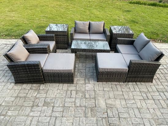 Fimous 8 Seater Outdoor Rattan Patio Furniture Set Garden Lounge Sofa Set with Armchairs 2 Side Tables 2 Big Footstool Coffee Table Dark Grey Mixed 2