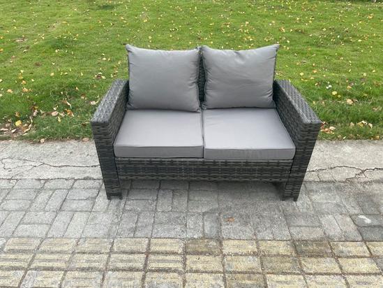 Fimous 8 Seater Outdoor Rattan Patio Furniture Set Garden Lounge Sofa Set with Armchairs 2 Side Tables 2 Big Footstool Coffee Table Dark Grey Mixed 4