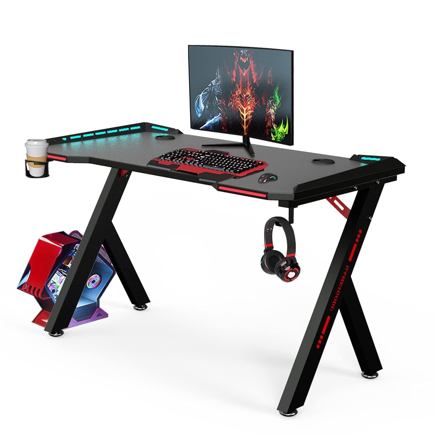RGB Gaming Desk, Large Gaming with Headphone Hook and Cup Holder for Laptop Home Office