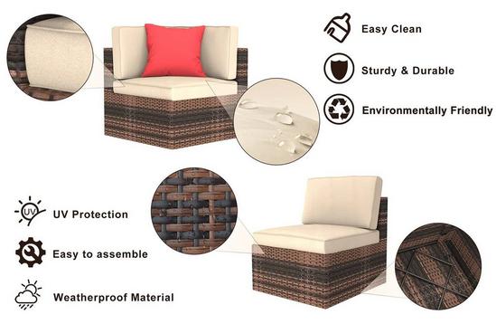 Rattantree 6 Seater Garden Furniture Set,Wicker Weave Corner Sofa Seat Glass Coffee Table Conversation Set With Cushions and Pillows For Lawn Backyard Poolside 4