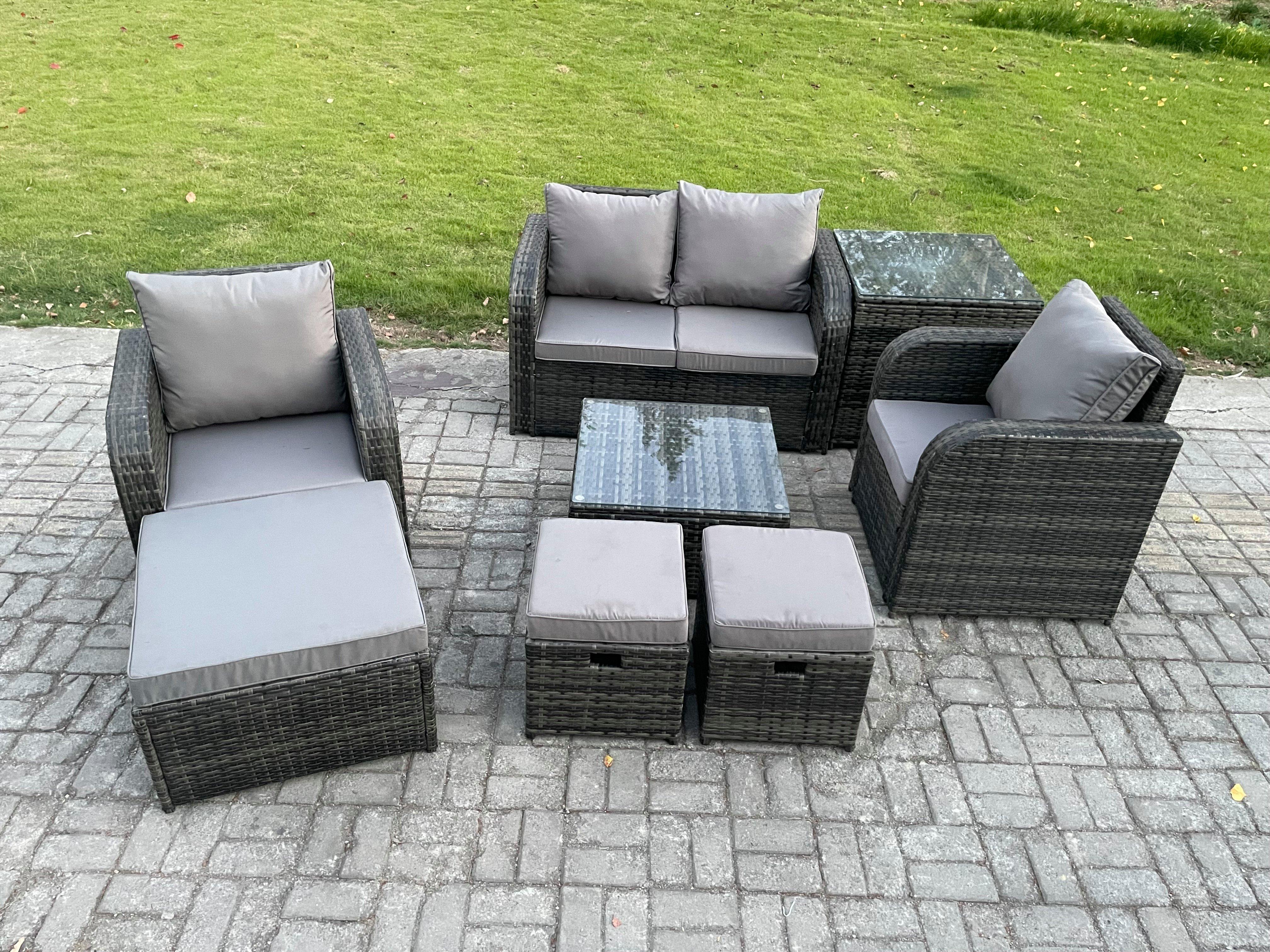 Rattan Garden Furniture Set Patio Conservatory Indoor Outdoor 8 Piece Set With Love Sofa Square Coffee Table
