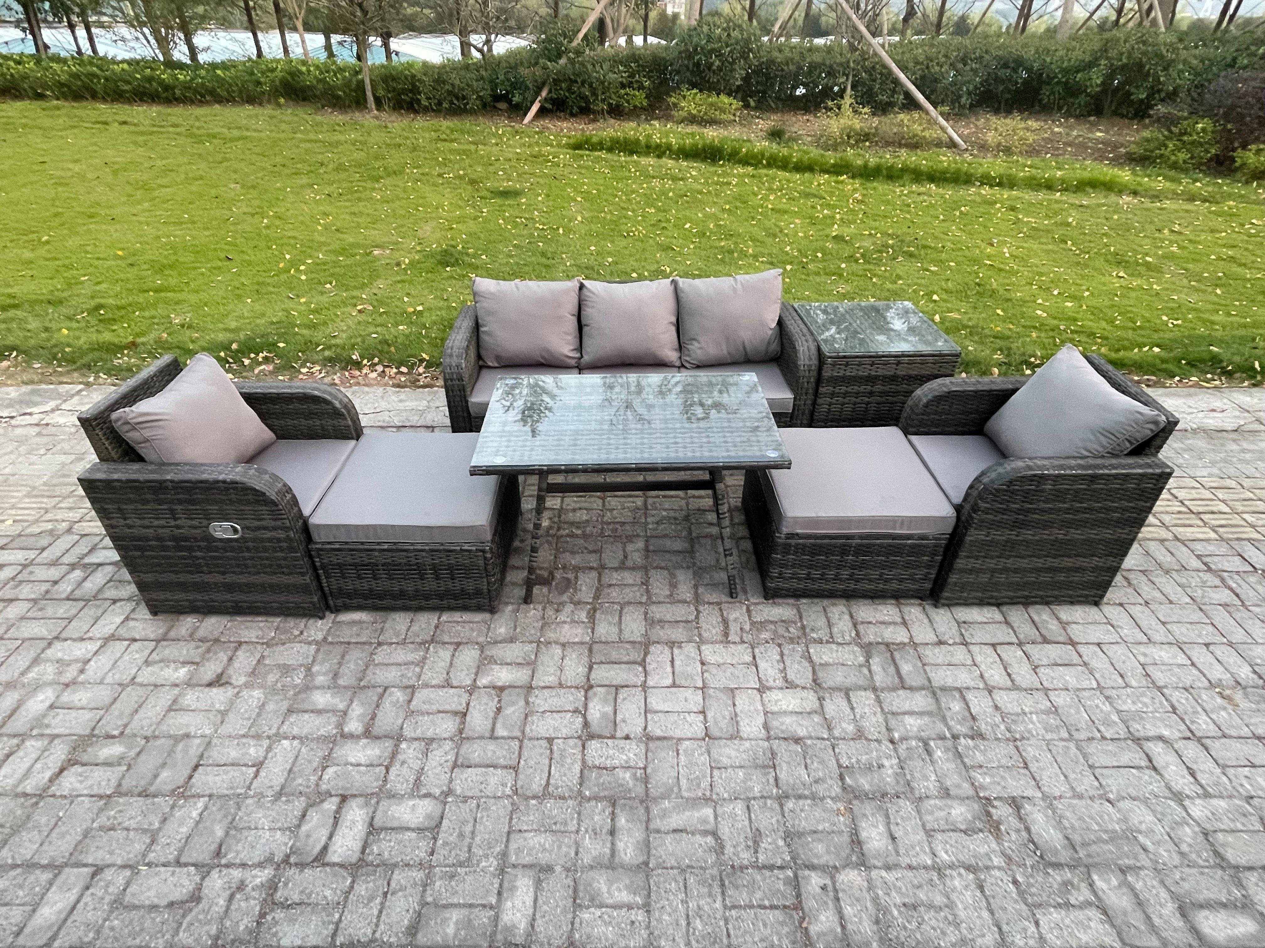 Outdoor Garden Furniture Sets 7 Pieces Wicker Rattan Furniture Sofa Sets With Rectangular Dining Table 2 Big Footstool