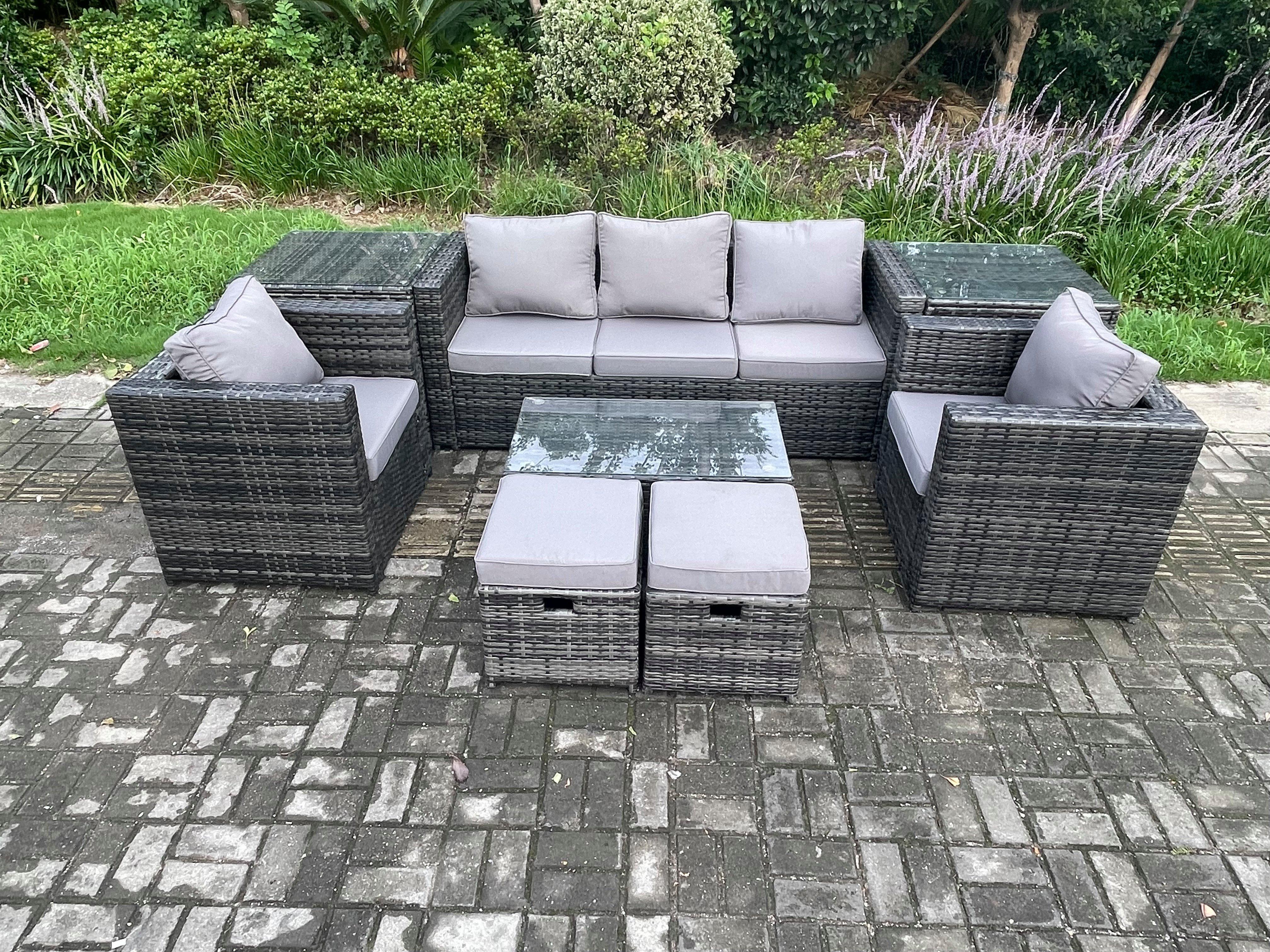 Outdoor Rattan Garden Furniture Set with 3 Seater Sofa Coffee Table 2 Side Tables 2 Armchairs 2 Small Footstool