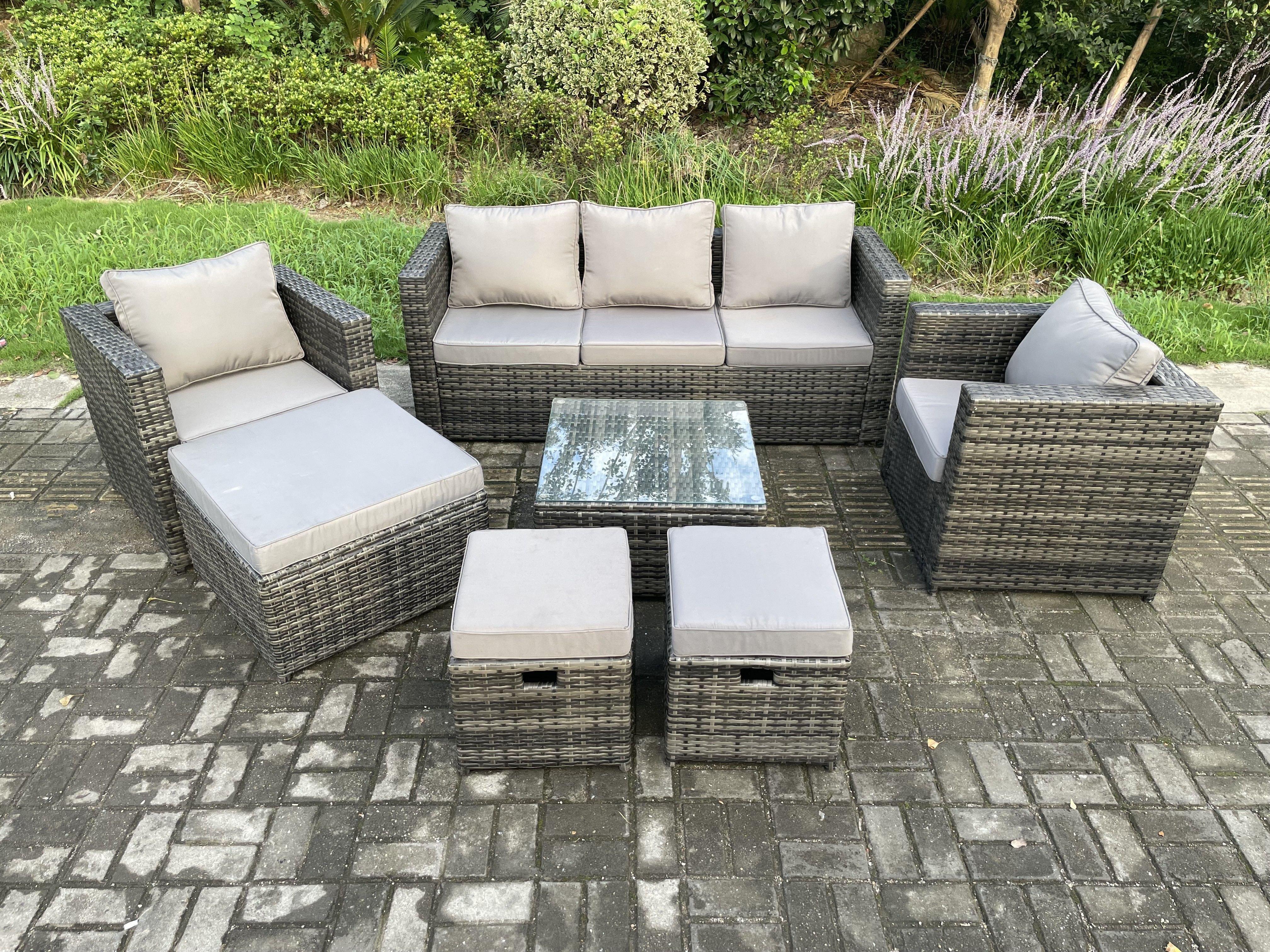 Wicker Rattan Garden Furniture Sofa Set With Armchair Square Coffee Table 3 Footstools Dark Grey Mixed