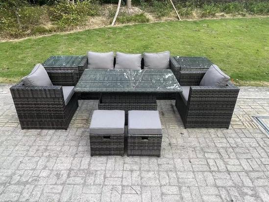 Fimous Rattan Garden Furniture Adjustable Rising Lifting Dining Table Sofa Set Chairs 2 Side Coffee Tables with 2 Stools 1