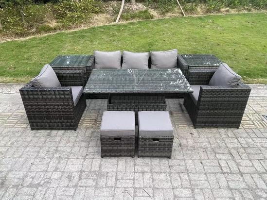 Fimous Rattan Garden Furniture Adjustable Rising Lifting Dining Table Sofa Set Chairs 2 Side Coffee Tables with 2 Stools 2