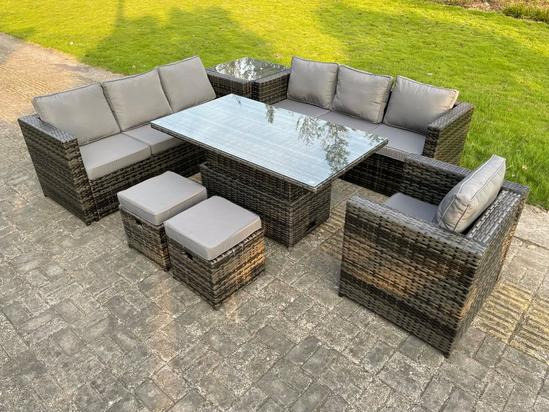 Fimous 9 Seater Outdoor Rattan Sofa Set Adjustable Rising Lifting Side Tables Chairs Footstool Dark Grey Mixed 1