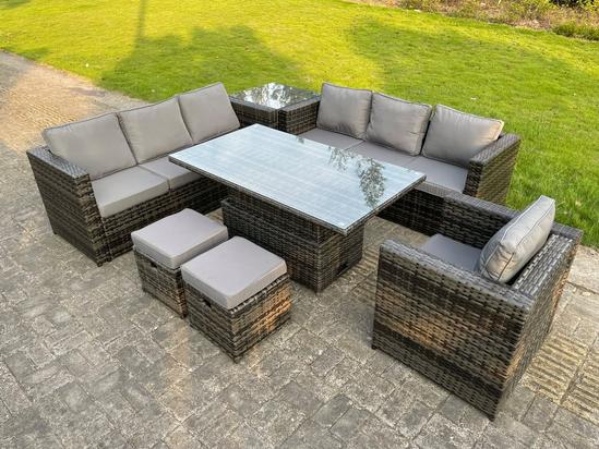 Fimous 9 Seater Outdoor Rattan Sofa Set Adjustable Rising Lifting Side Tables Chairs Footstool Dark Grey Mixed 2