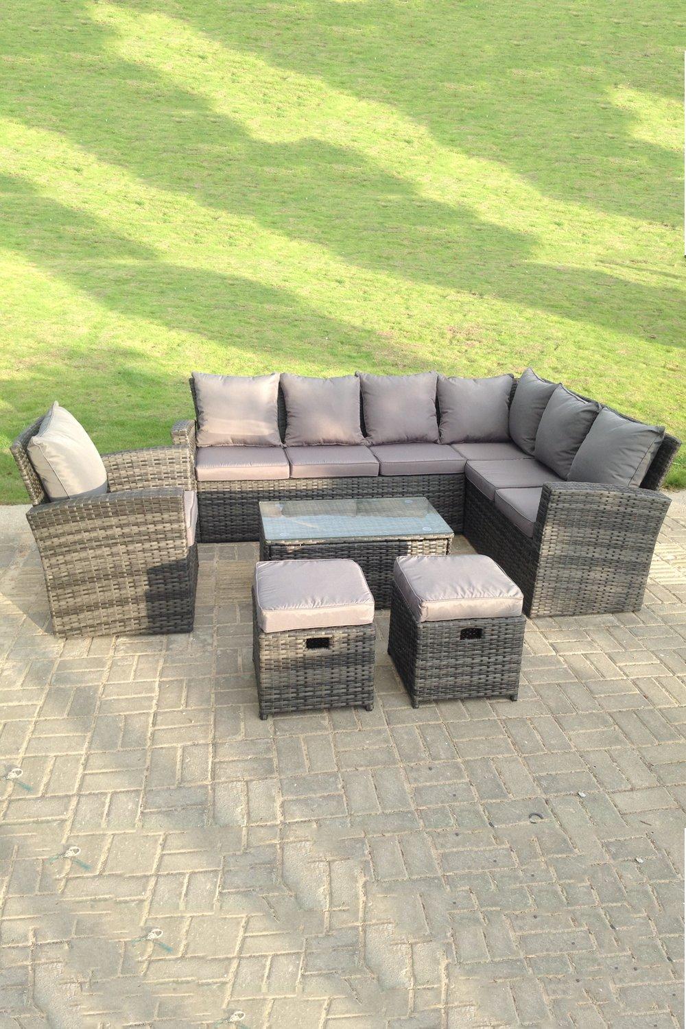 9 Seater High Back Rattan Set Corner Sofa With Oblong Coffee Table Stools With Chair