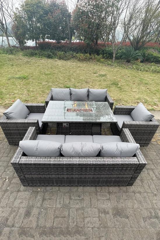 Fimous 8 Seater Outdoor PE Rattan Garden Furniture Gas Fire Pit Dining Table Set Lounge Sofa 2 PC Armchairs 1
