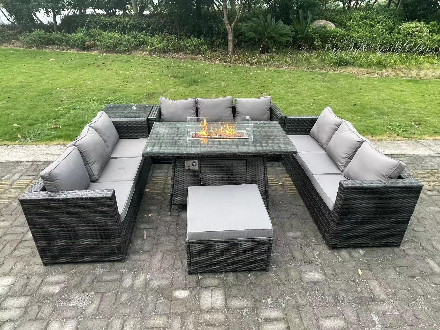 10 Seater  Rattan Garden Furniture Sofa Set Outdoor Gas Fire Pit Dining Table Gas Heater Burner