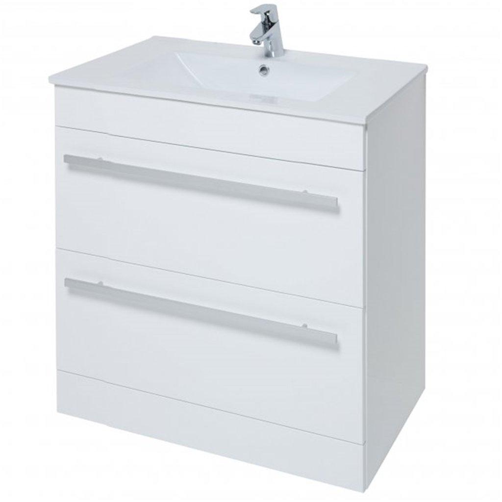 White Bathroom 2-Drawer Standing Unit with Ceramic Basin 80cm Wide