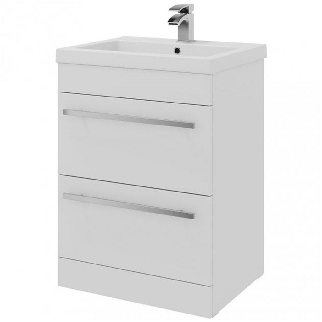 White Bathroom 2 Drawer Standing Unit with Ceramic Basin 60cm Wide