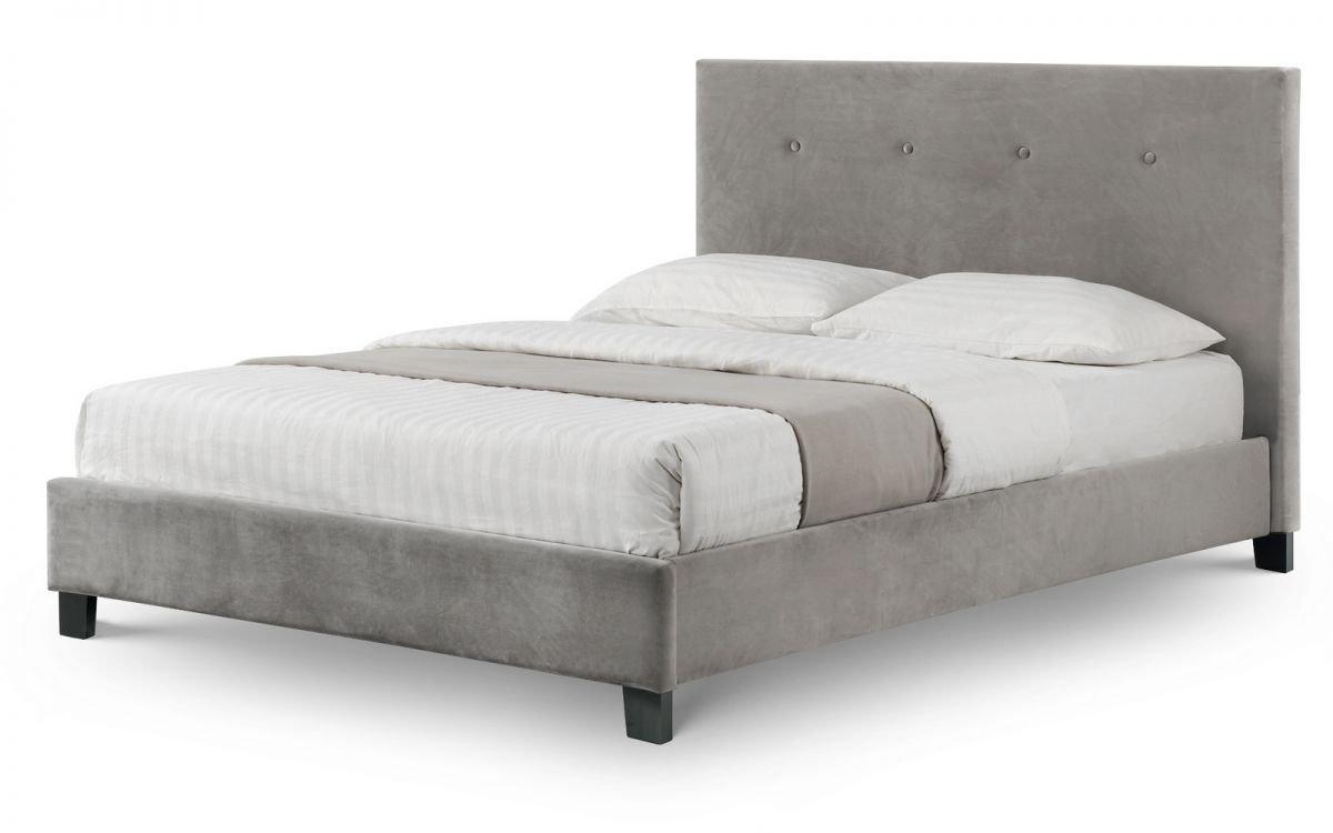 Grey Button Premium Velvet High Headboard Bed - Double