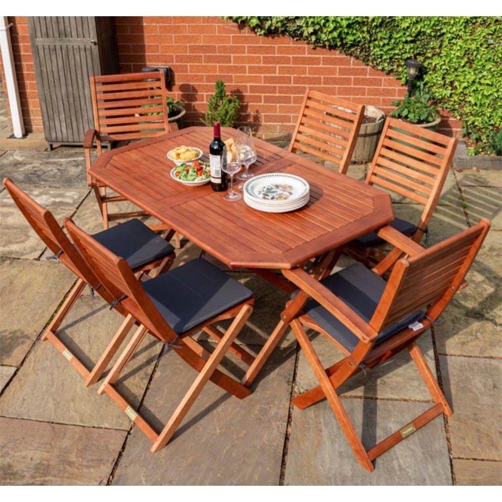 6 Seater Wooden Garden Dining Set With Grey Cushions